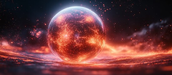 Fototapeta premium Glowing cosmic sphere floating above a fiery landscape, with swirling energy and stars in the background