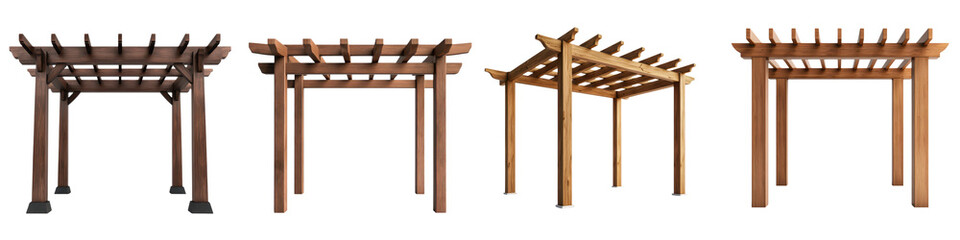 Wooden pergola structures providing natural shade and creating cozy inviting outdoor living spaces for relaxation recreation and enjoyment of the surrounding nature and greenery