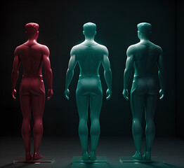 Obraz premium Abstract surrealistic illustration of glass statue several people standing in pose.Concept project.mindfulness and meditation.Futuristic. cyberpunk.innovation different types of poses.generative ai 