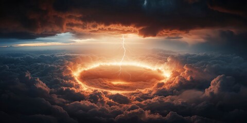 Fototapeta premium Majestic display of nature's fury as lightning strikes through fiery storm clouds at twilight. Generative AI