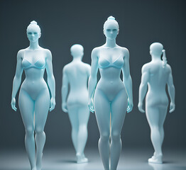 Obraz premium Abstract surrealistic illustration of glass statue several people standing in pose.Concept project.mindfulness and meditation.Futuristic. cyberpunk.innovation different types of poses.generative ai 