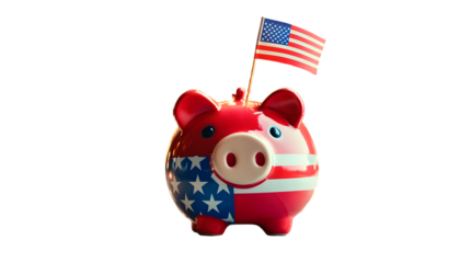 Piggy bank in red, white, and blue celebrates savings and the 4th of July. Soft fireworks and a small flag enhance the patriotic theme of the colorful piggy bank.