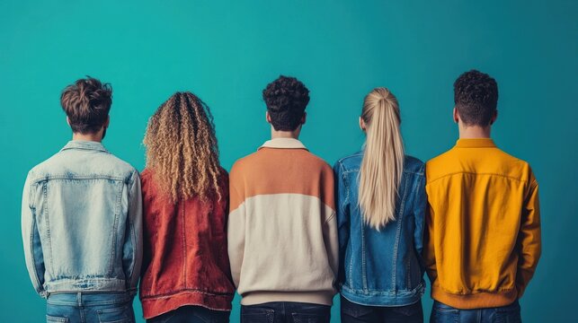 Back view of diverse group of young adults standing in a row against a teal background