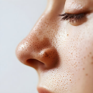 Woman with blackheads on nose and freckles showing skin problems