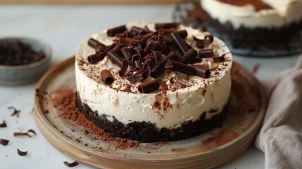 Decadent chocolate mousse cake topped with chocolate shavings, served on a wooden plate with cocoa dusting