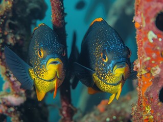 Obraz premium Two vibrant, speckled reef fish with yellow and blue markings swim near coral.