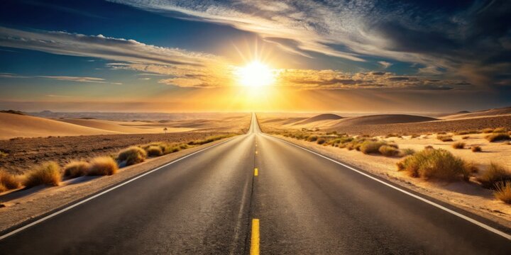 Asphalt ribbon unwinding towards a radiant sunset over arid, gently rolling sand dunes.