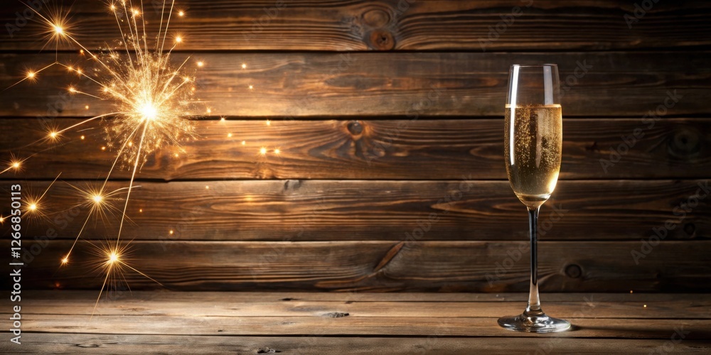 Poster a celebratory flute of sparkling wine rests on a rustic wooden surface, illuminated by the radiant g