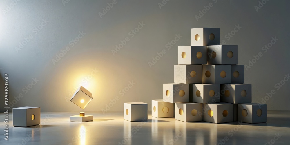Poster Illuminated Cubes Forming a Pyramid and a Single Illuminated Cube