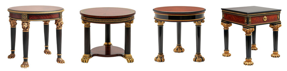 Stunning collection of exquisite antique wooden tables in round rectangular and pedestal shapes featuring ornate carvings gilded accents and classic mahogany finishes  These elegant