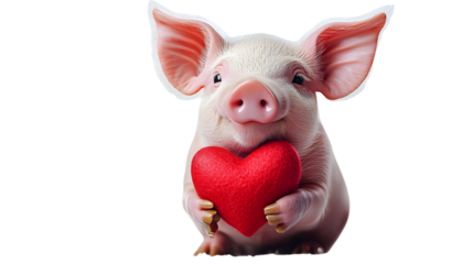 small cute pink pig holding a heart on a blurred background, valentines day, love, symbol, postcard, february 14, piglet, animal, character, illustration