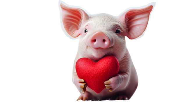 small cute pink pig holding a heart on a blurred background, valentines day, love, symbol, postcard, february 14, piglet, animal, character, illustration