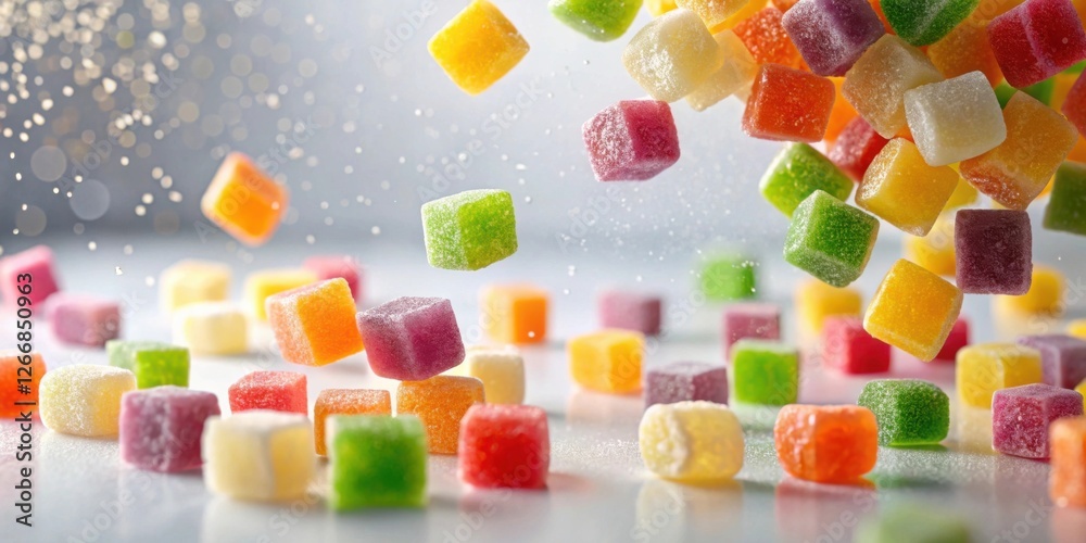 Poster a cascade of colorful, sugary, cube-shaped candies falling onto a smooth, reflective surface, creati