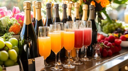 A beautifully arranged mimosa bar at an upscale brunch, with neatly labeled juice bottles, elegant champagne flutes, and decorative fresh fruit