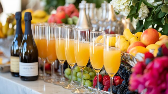 A beautifully arranged mimosa bar at an upscale brunch, with neatly labeled juice bottles, elegant champagne flutes, and decorative fresh fruit