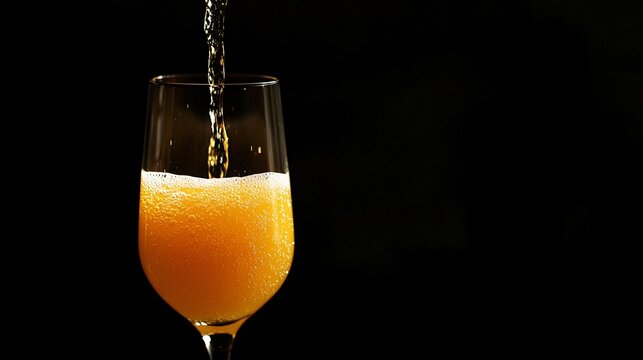 A close up of golden champagne being poured into a mimosa glass, creating an elegant, sparkling cascade, isolated on a dark matte background