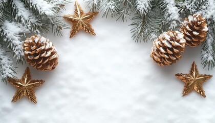 Snow-covered pine branches, golden stars, and pine cones on snow. Perfect for Christmas, winter, or holiday greeting cards.