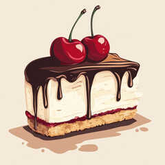 an illustration of a pice of cherry cake, vector style, cute, simple color 