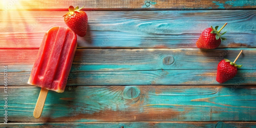 Poster a refreshing strawberry popsicle and ripe strawberries on a rustic wooden surface