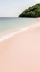 Fototapeta premium Elegant Beach with soft pink sand and a calm turquoise sea under a pastel sky unique and dreamy destination 