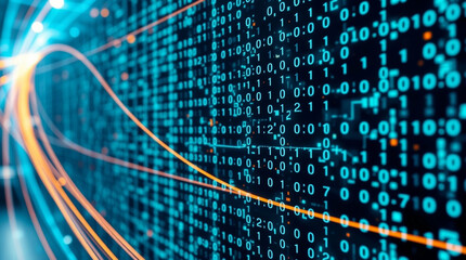 Abstract digital binary code background with luminous curved lines