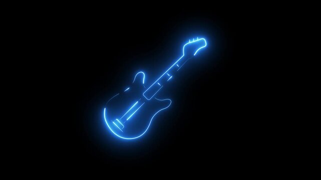 Glowing neon line guitar icon animation. Music Concert Entertainment Concept. Glowing Electric Bass Guitar Icon in Neon Lines on Black Background. 4K Video Motion Graphic Animation.