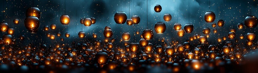 Obraz premium A field of floating lanterns, each containing a tiny glowing spirit, a warm and melancholic ambiance, surreal and deeply emotional, fine art photography, high detail