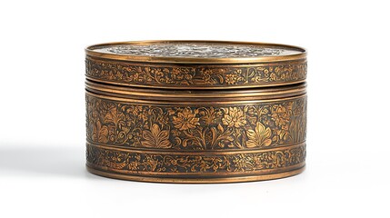 A gold and black decorated box with a floral design