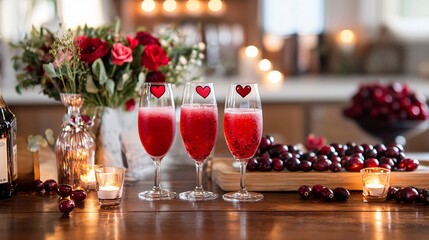 A romantic Valentine’s Day mimosa bar, featuring heart-shaped fruit garnishes, deep red cranberry mimosas, and candlelit accents
