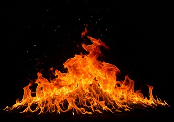 Photograph of a large, intense fire with bright orange and yellow flames extending upwards, set against a completely black background, capturing the raw power and energy of the fire.

