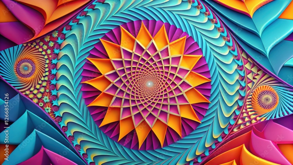 Poster vibrant abstract swirls and geometric floral patterns in a kaleidoscopic design featuring vivid hues