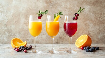 A sophisticated flat lay of three mimosa glasses, each filled with a different juice like orange, mango or cranberry, garnished with fresh fruit, set against a neutral backdrop