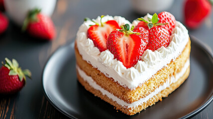Delicious heart shaped cake topped with fresh strawberries and cream