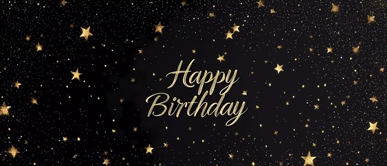 Happy Birthday text on a black background with stars and sparkles, vector illustration in gold color, written in cursive letters "Happy Birthday"