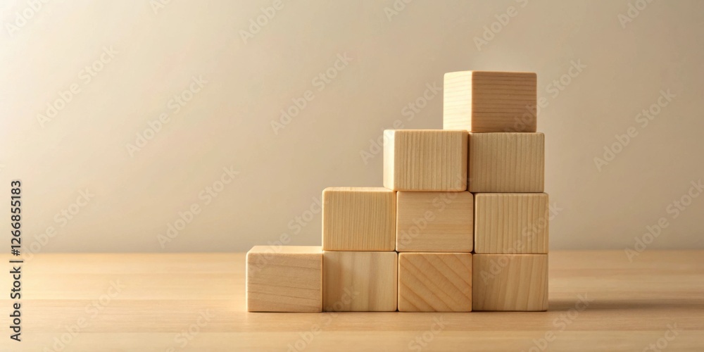 Poster Simple Wooden Blocks Arranged in an Ascending Pattern on a Light Wood Surface