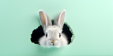Obraz premium A cute fluffy bunny peeking out of a hole in a wall, pastel green wall background with copy space 