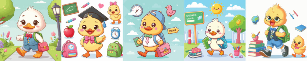 vector of ducks going to school