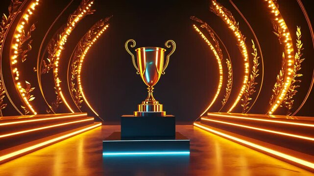 Golden trophy championship stage adorned with a laurel wreath shining on an illuminated podium in a dark room filled with neon lights background video 4k