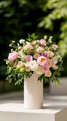 Elegant Pastel floral arrangements with peonies and hydrangeas surrounding a vintage wooden wedding sign in a sunny outdoor garden 