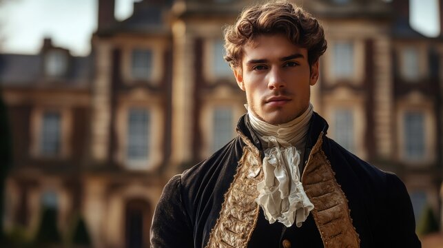 Historical regency man posing in front of manor house