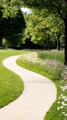 Fototapeta premium Elegant Quiet path winding through a wildflower meadow surrounded by trees and soft summer light perfect calming retreat 