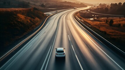 White car driving on highway at sunset in beautiful landscape