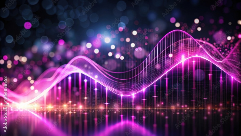 Fototapete abstract futuristic data visualization glowing pink waves and dynamic grid reflecting on a dark surf
