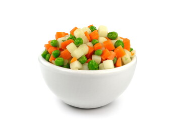 Raw frozen vegetables for Russian salad isolated on white