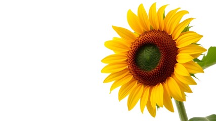 Fototapeta premium Sun-Kissed Sunflower: A vibrant sunflower, with its bright yellow petals and dark brown center, stands out against a plain white background. Its beauty and optimism radiate.