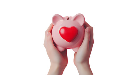 Obraz premium Hands hold a pink piggy bank and small red heart on pink background.Concept of saving money or savings, investment or love.