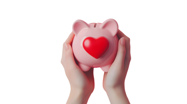 Hands hold a pink piggy bank and small red heart on pink background.Concept of saving money or savings, investment or love. - Powered by Adobe