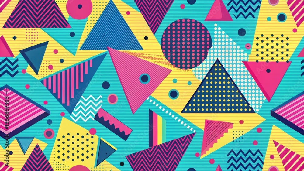 Fototapete vibrant geometric abstract design featuring bold triangles, circles, and zigzag patterns in a retro 