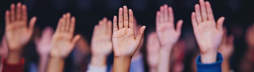 Diverse Hands Raised in Unity and Participation During Event or Meeting in Indoor Setting