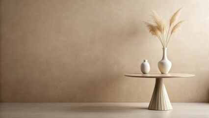 Minimalist interior scene featuring a round pedestal table, neutral-toned vases, and pampas grass